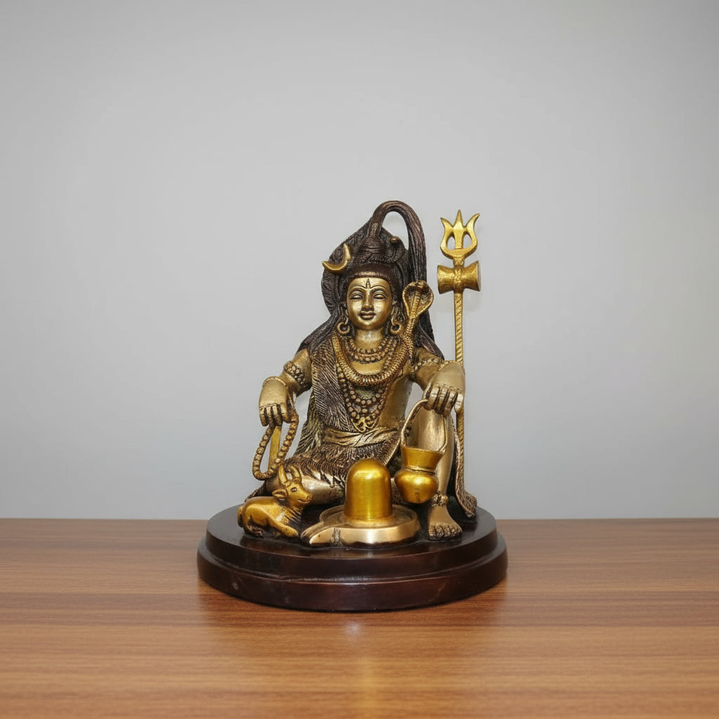 indiancraftsbykanika Brass Brown Color Shiv Statue with Nandi Cow and shivling for Temple/Home décor/Diwali Pooja